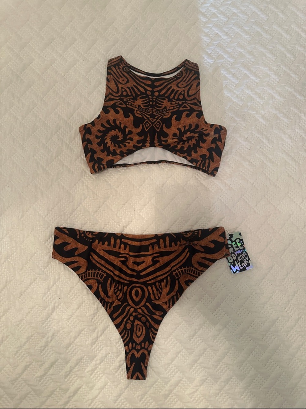High-Neck Tribal Print Women's Bikini Set - Black & Brown L Top 1X Bottom